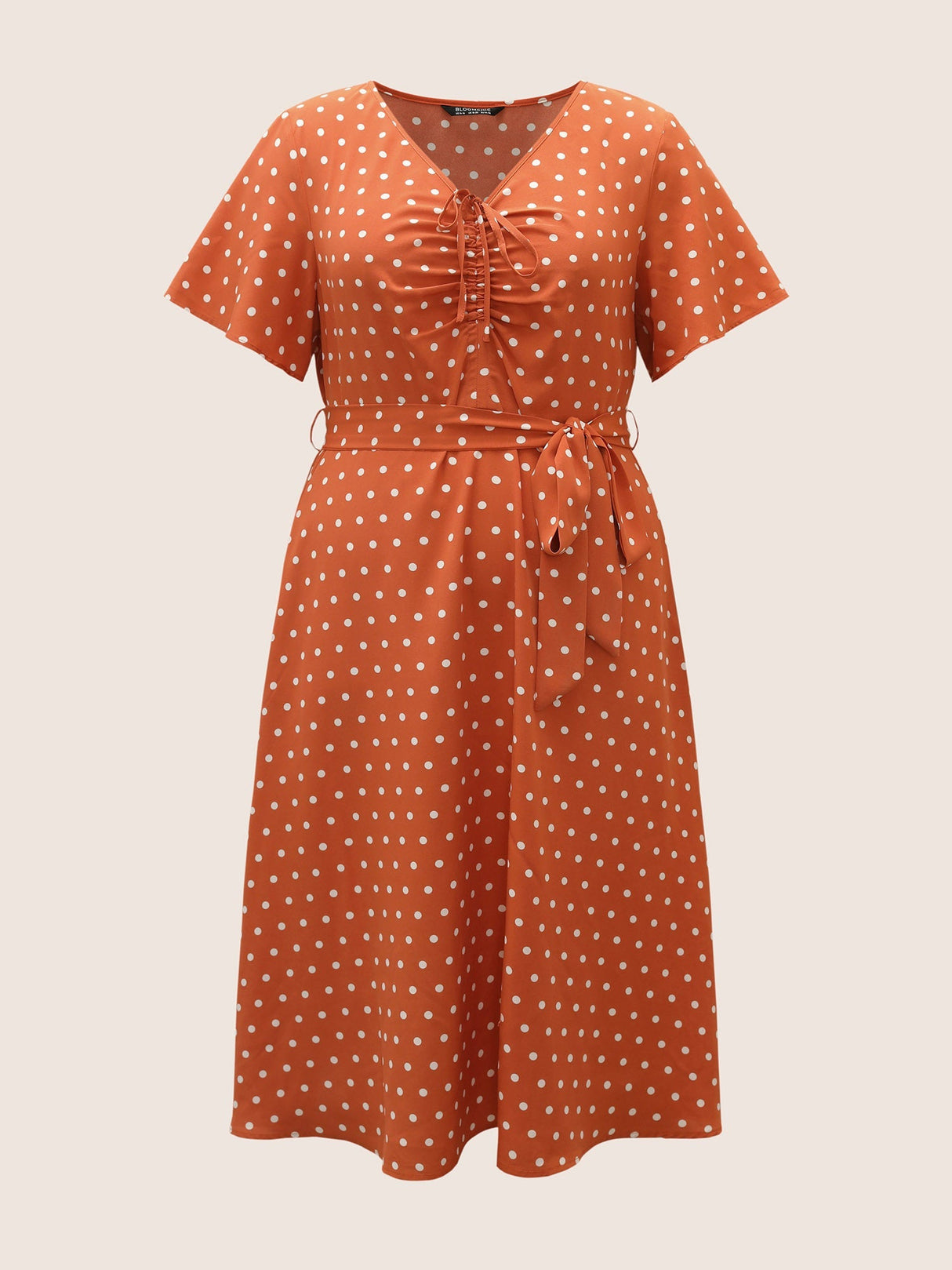 Polka Dot Drawstring Belted Ruffle Sleeve Dress