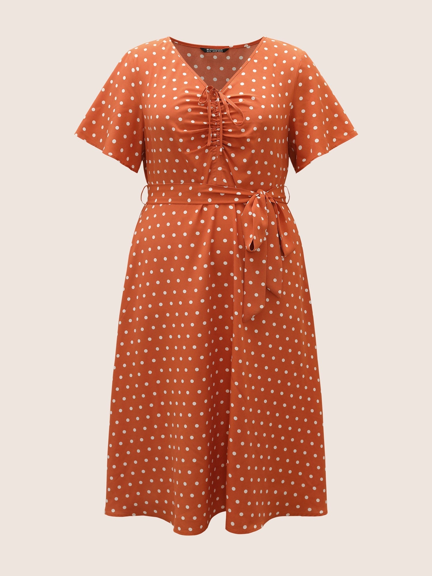 Polka Dot Drawstring Belted Ruffle Sleeve Dress