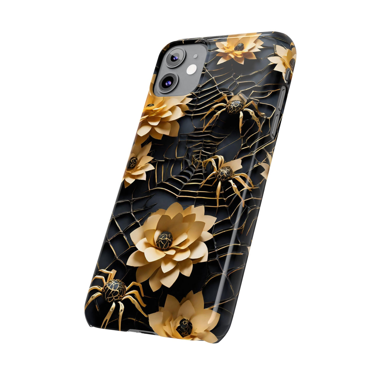 Halloween Black & Gold Spider Slim Phone Cases, Gold Flower Phone Case