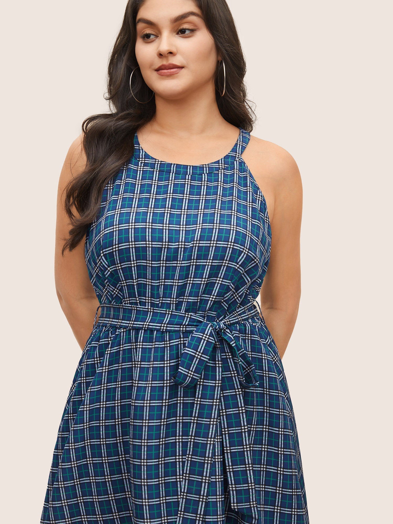 Plaid Pocket Belted Halter Midi Dress
