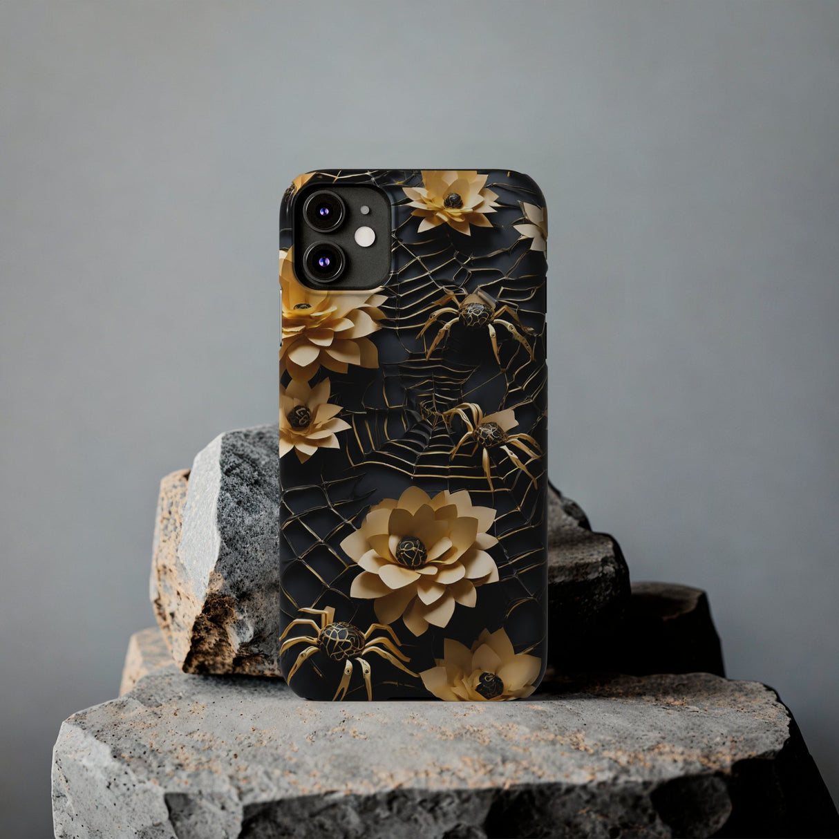 Halloween Black & Gold Spider Slim Phone Cases, Gold Flower Phone Case