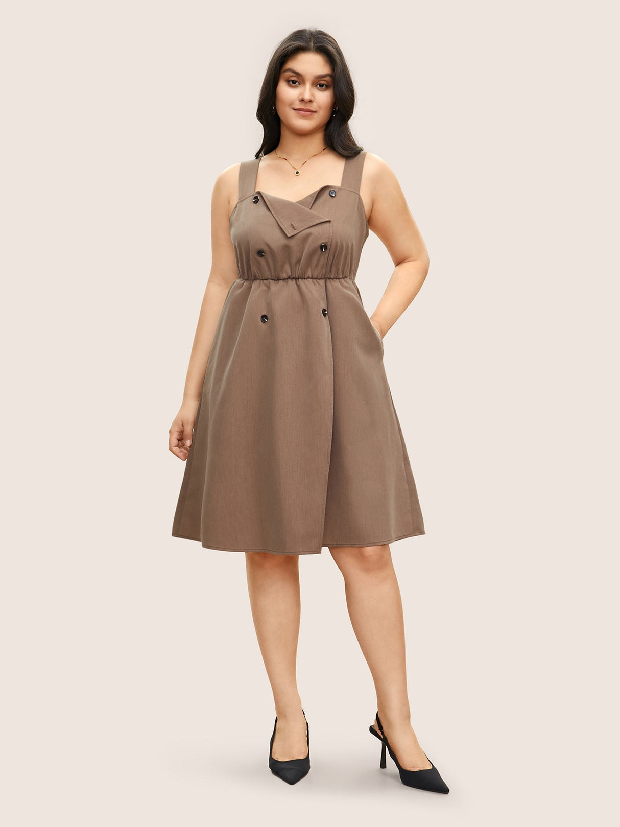 Spaghetti Strap Solid Elastic Waist Dress