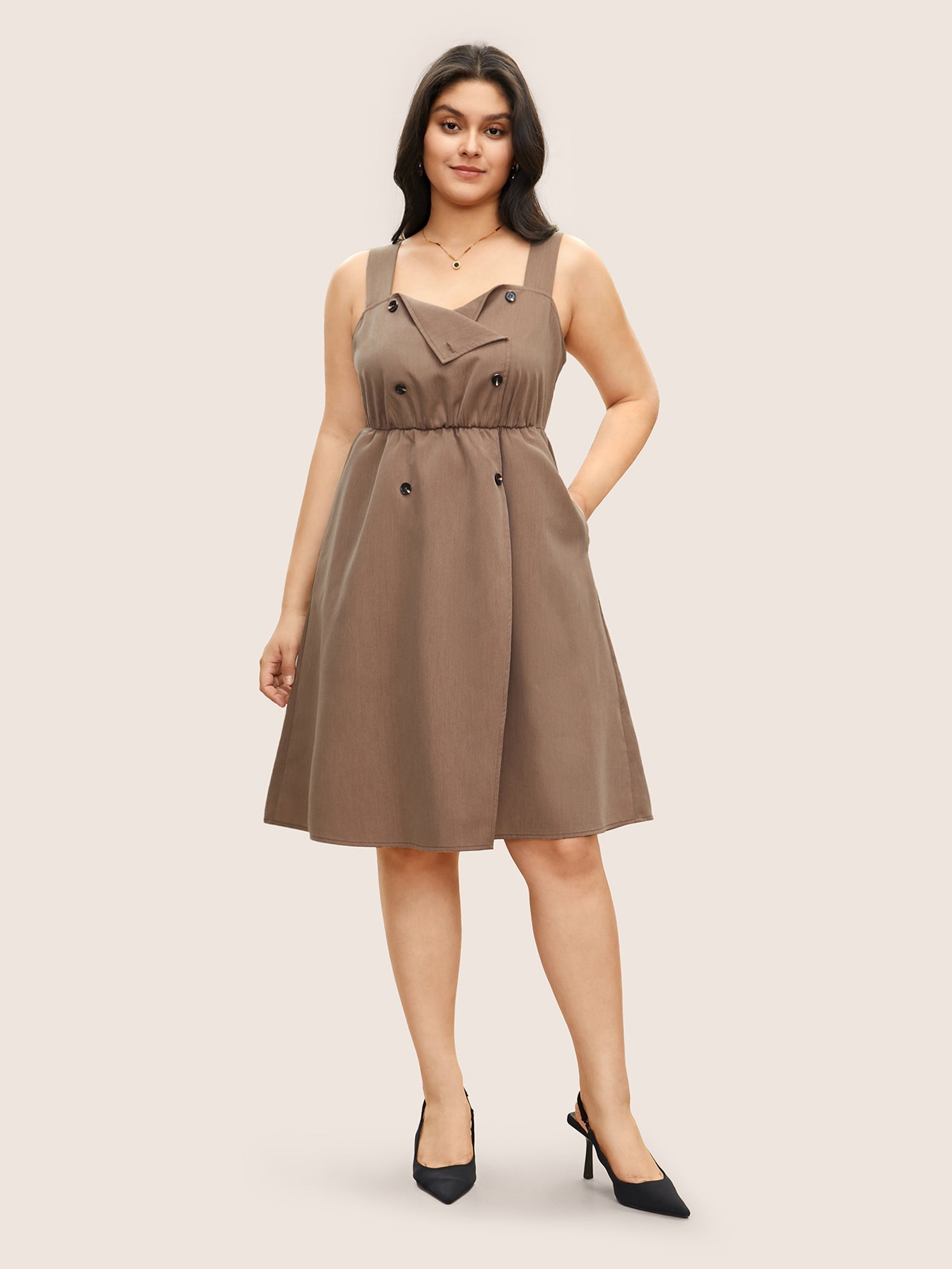 Spaghetti Strap Solid Elastic Waist Dress