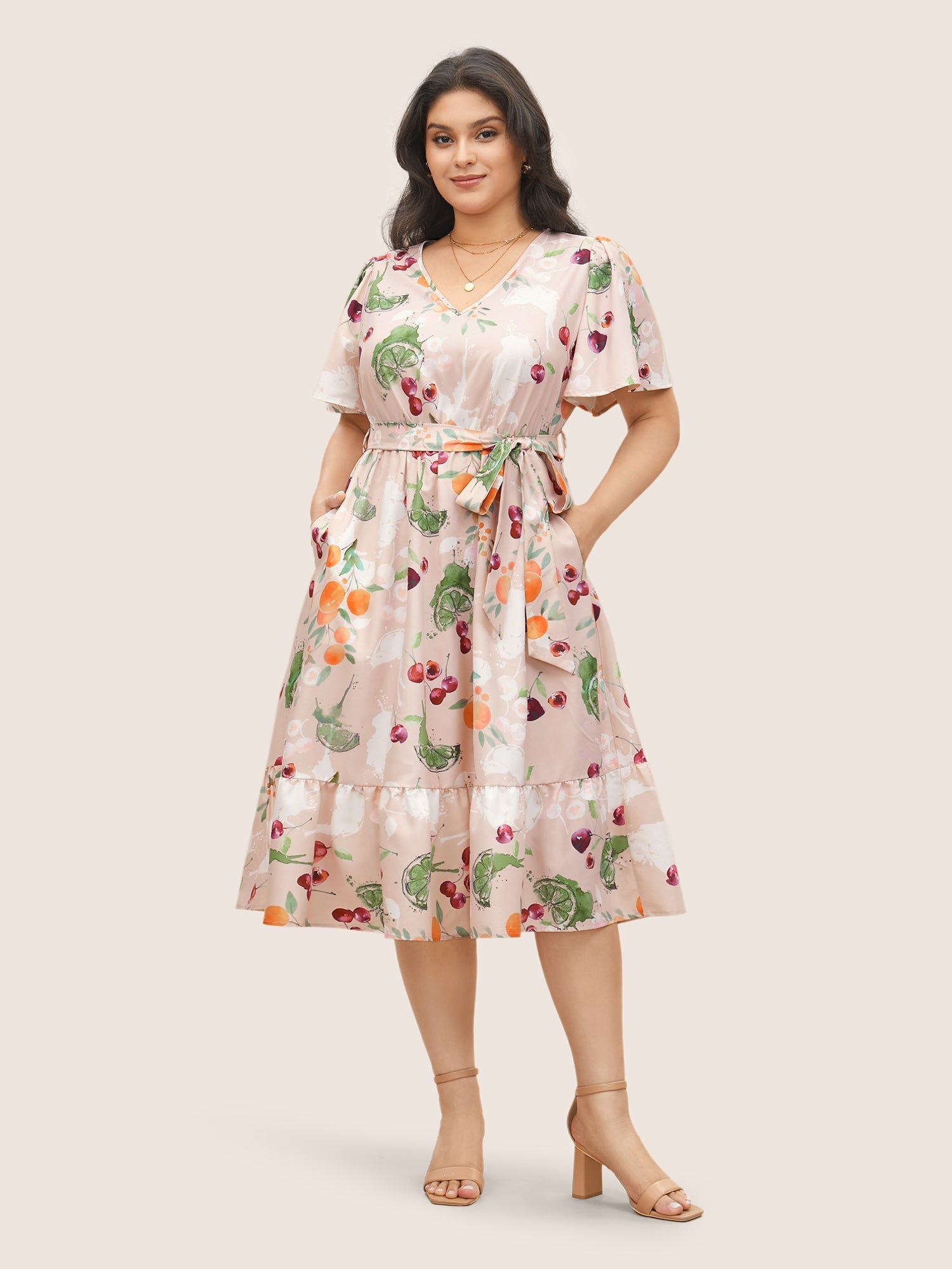 Fruits Print Elastic Waist Belted Pocket Dress