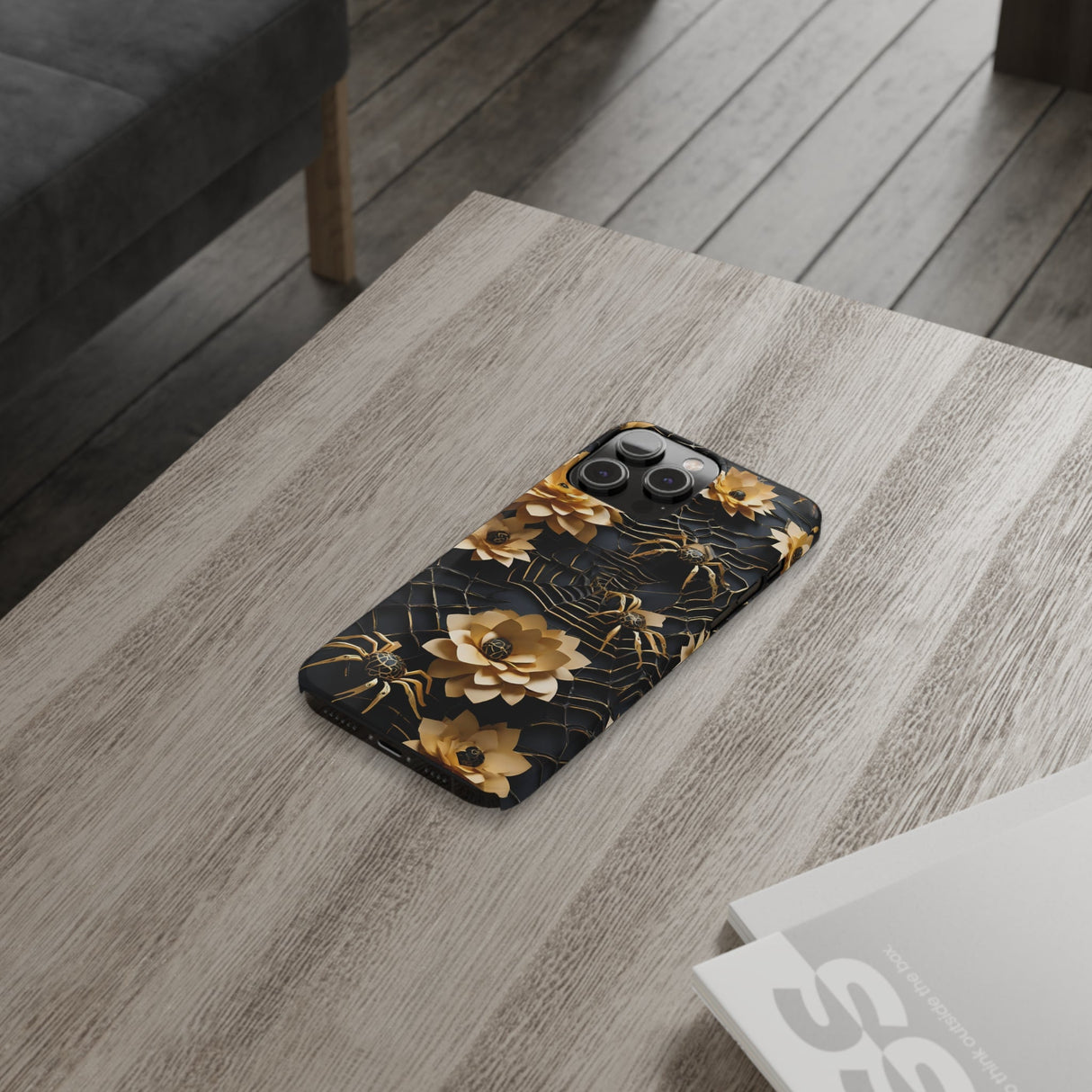 Halloween Black & Gold Spider Slim Phone Cases, Gold Flower Phone Case