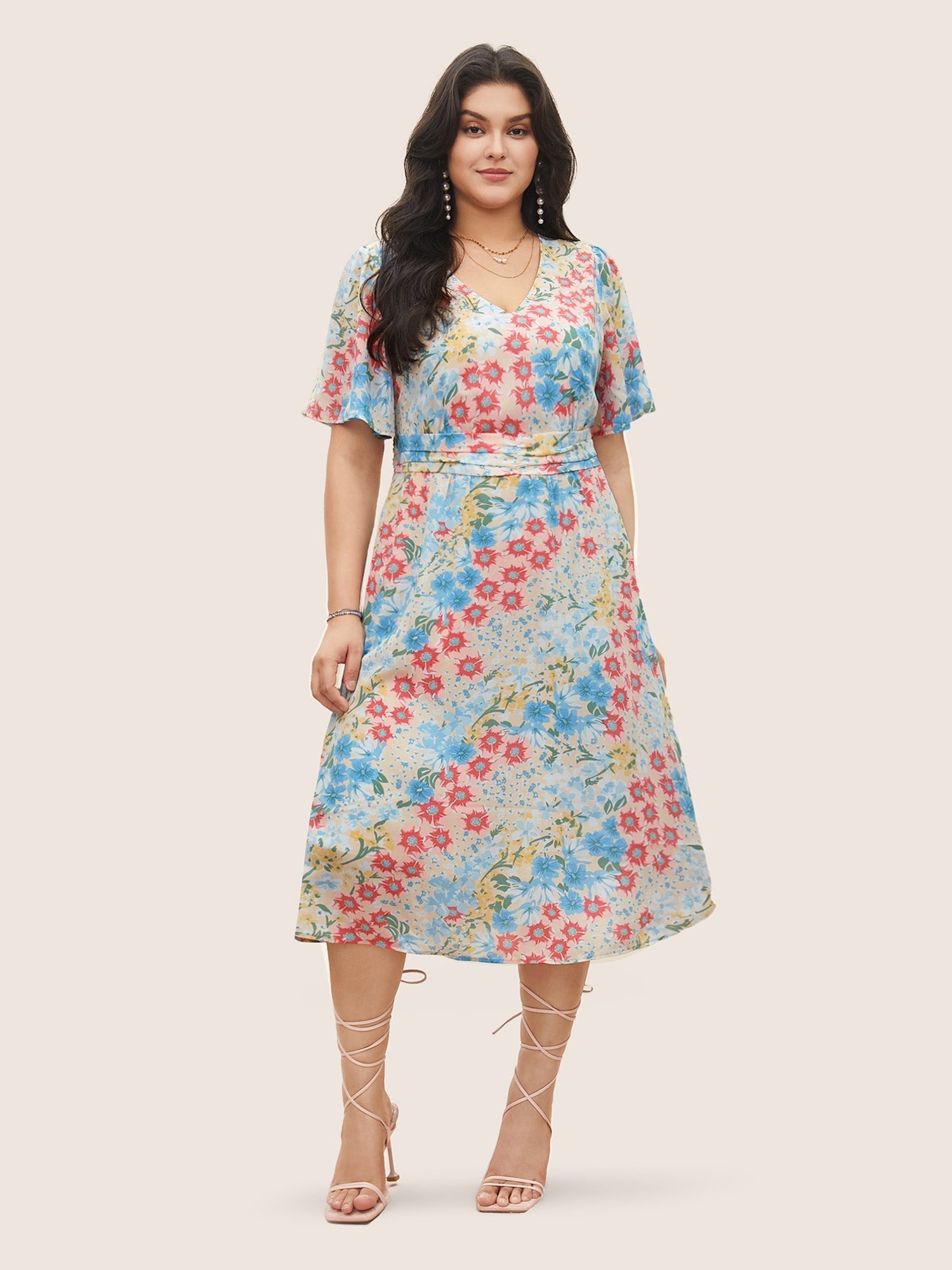 Floral Contrast Ruched Elastic Waist Dress