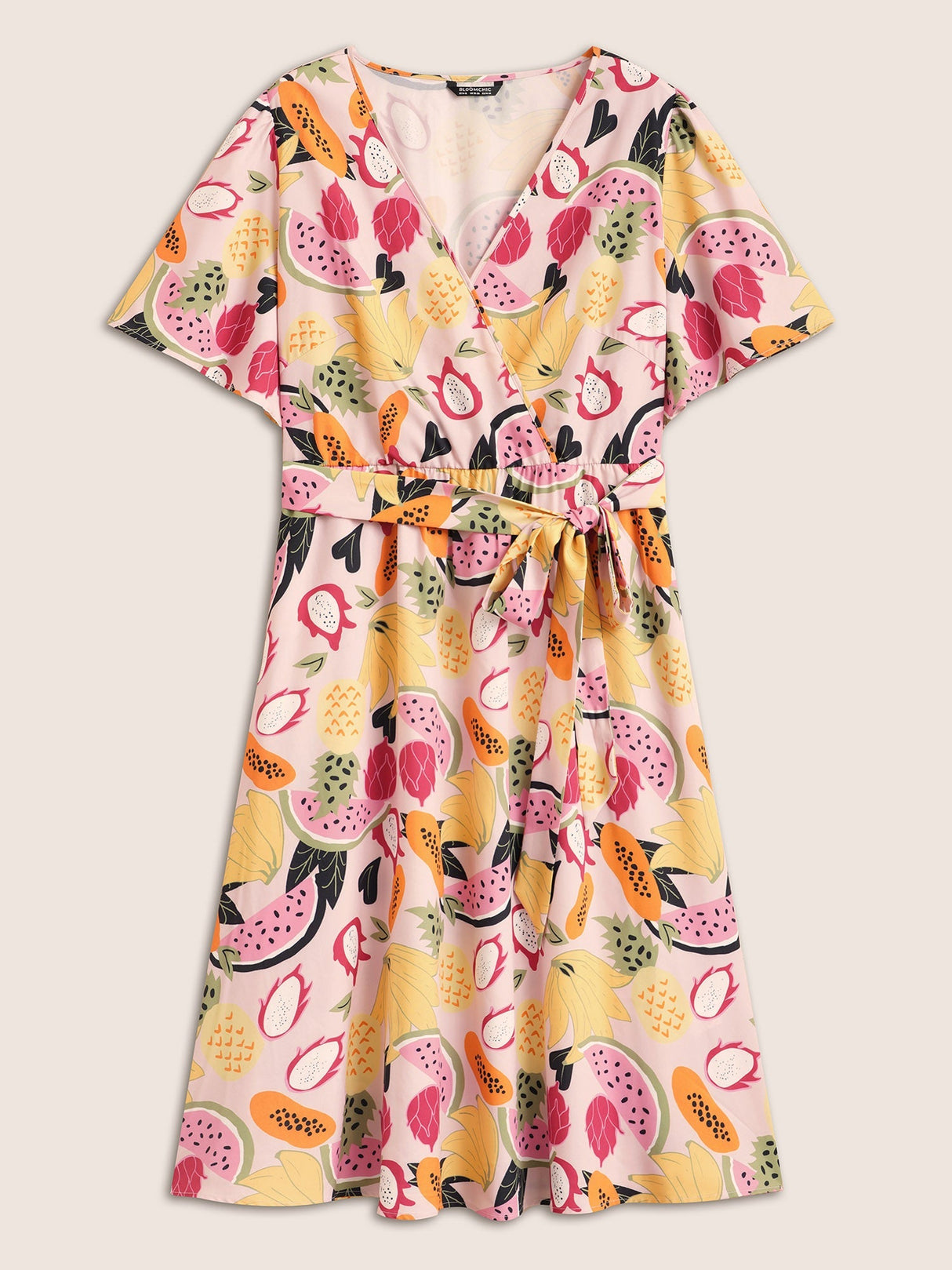 Fruit Print Overlap Collar Belted Pocket Dress