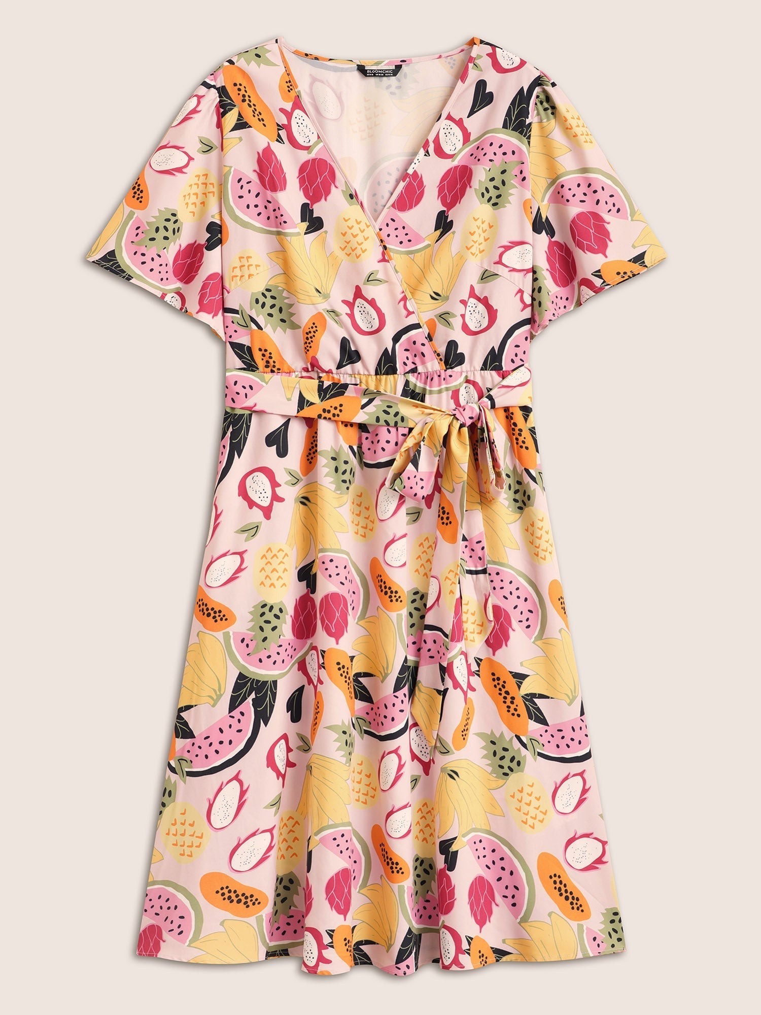 Fruit Print Overlap Collar Belted Pocket Dress