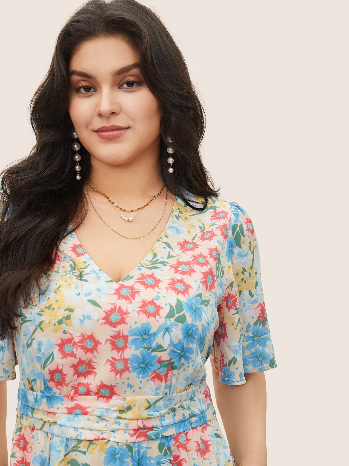 Floral Contrast Ruched Elastic Waist Dress