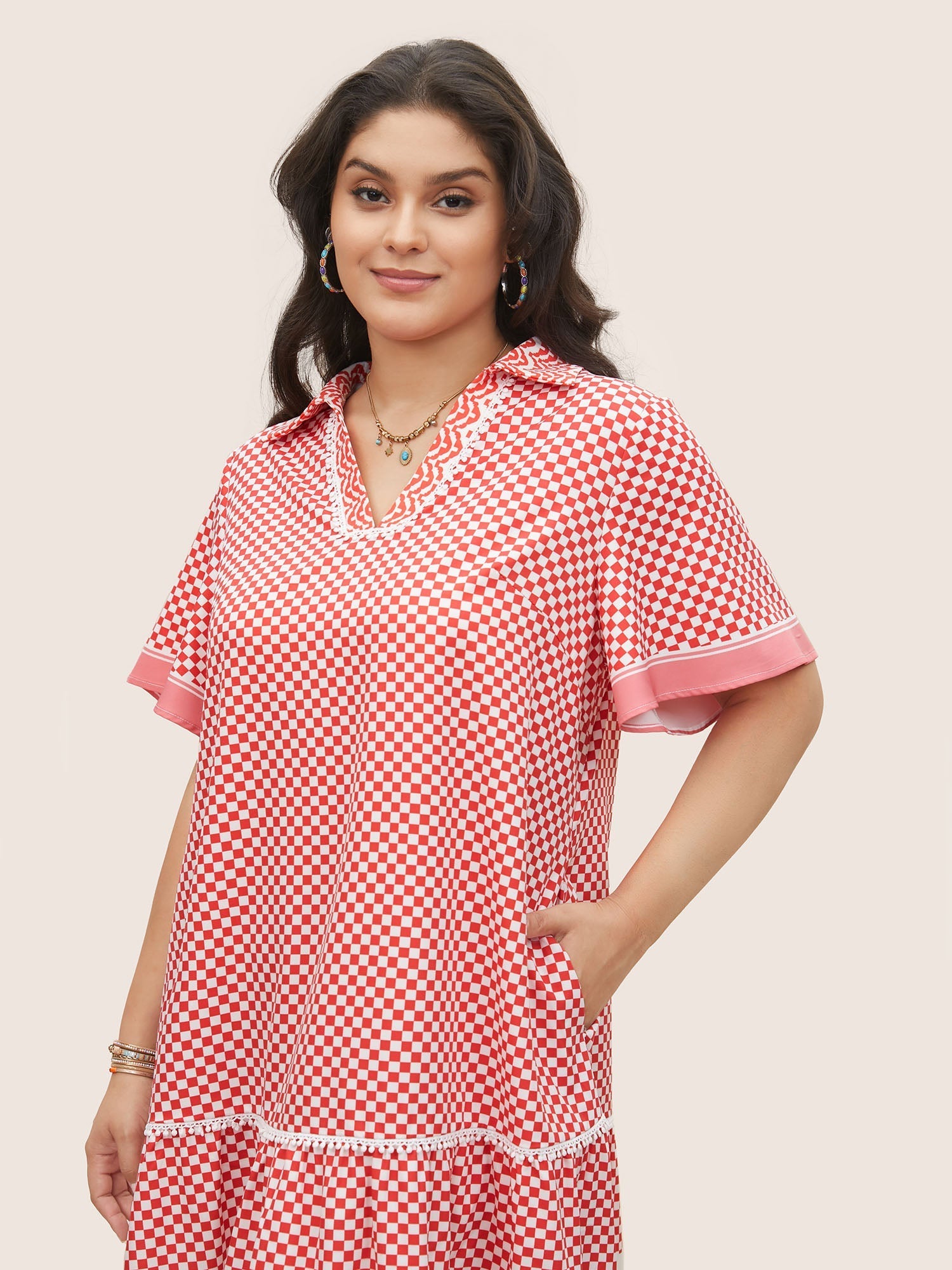 Gingham Patchwork Lapel Collar Ruffle Sleeve Dress