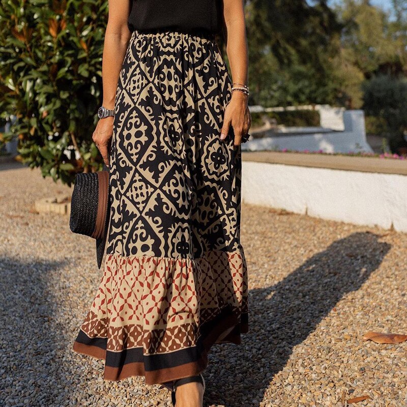 Julia - Maxi skirt with ethnic pattern and ruffled hem