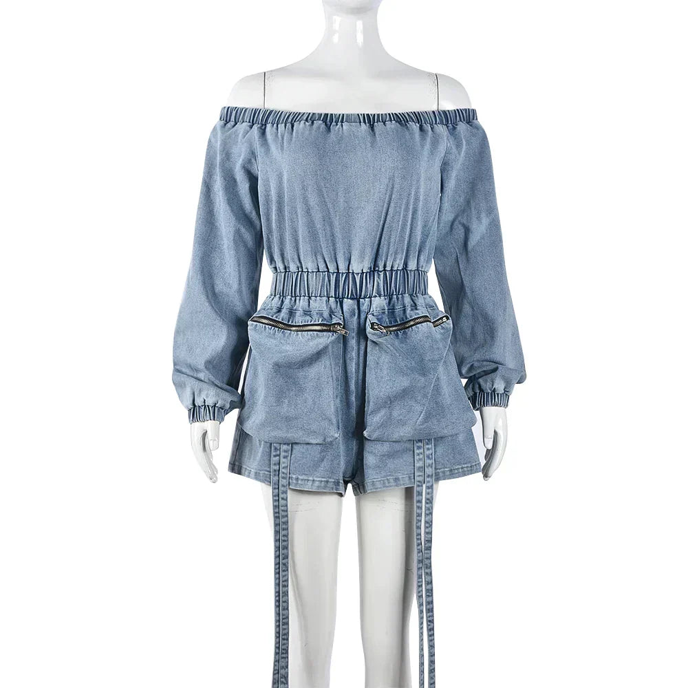 Carina - Off-the-shoulder denim playsuit with drawstring waist
