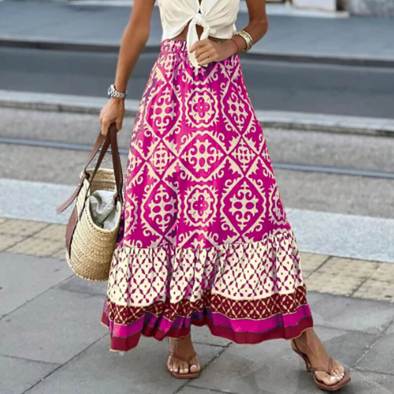 Julia - Maxi skirt with ethnic pattern and ruffled hem