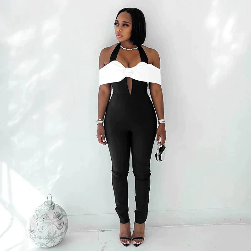 Zara - Monochrome jumpsuit with halterneck and bow accent