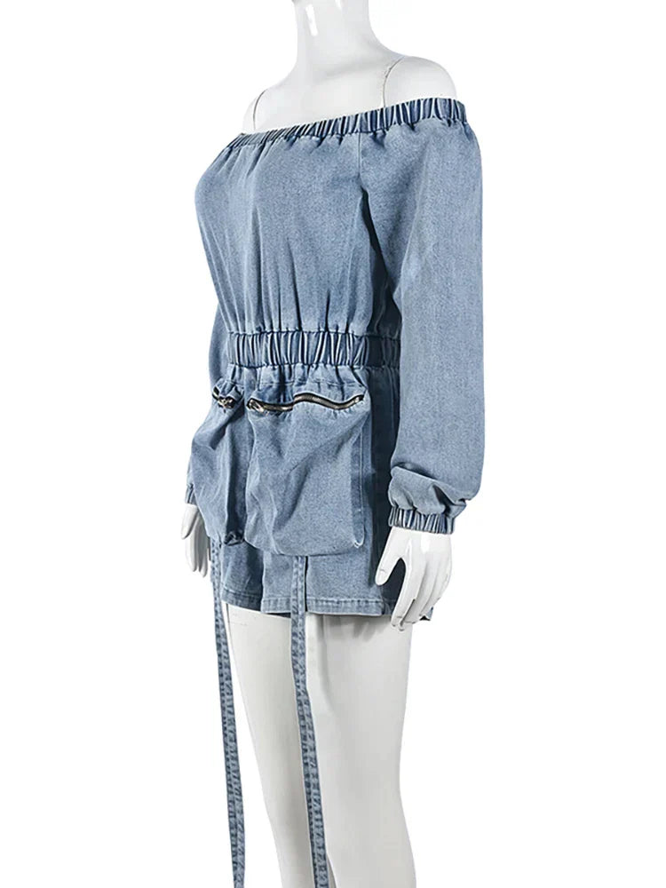 Carina - Off-the-shoulder denim playsuit with drawstring waist