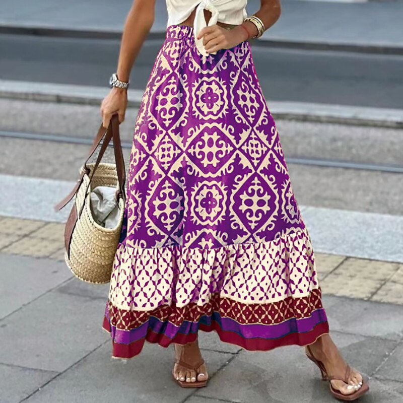Julia - Maxi skirt with ethnic pattern and ruffled hem