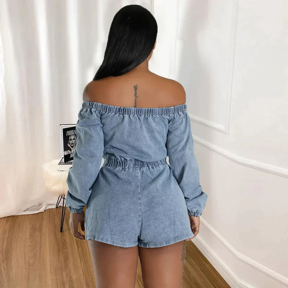 Carina - Off-the-shoulder denim playsuit with drawstring waist