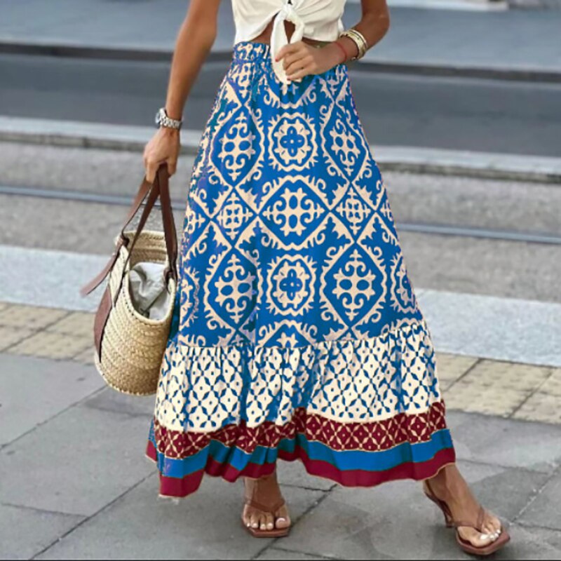 Julia - Maxi skirt with ethnic pattern and ruffled hem
