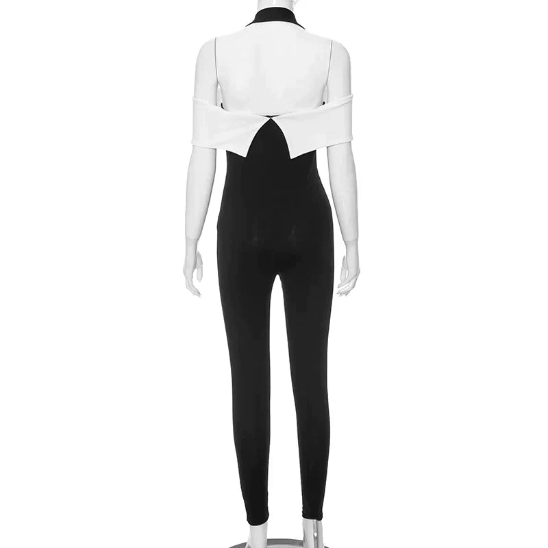 Zara - Monochrome jumpsuit with halterneck and bow accent