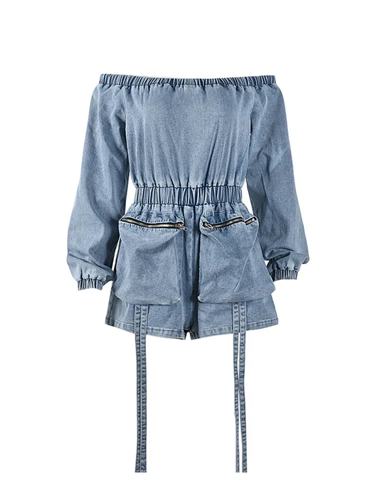 Carina - Off-the-shoulder denim playsuit with drawstring waist