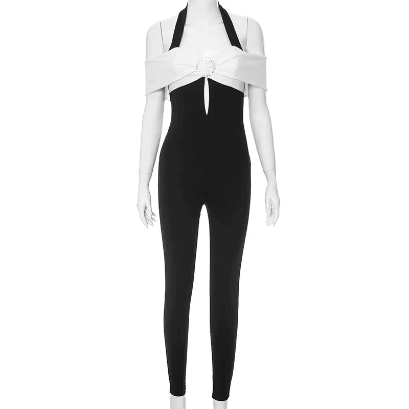 Zara - Monochrome jumpsuit with halterneck and bow accent