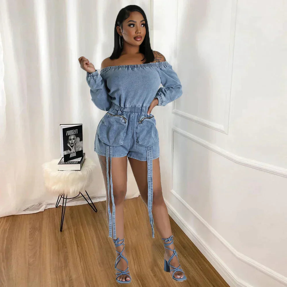 Carina - Off-the-shoulder denim playsuit with drawstring waist