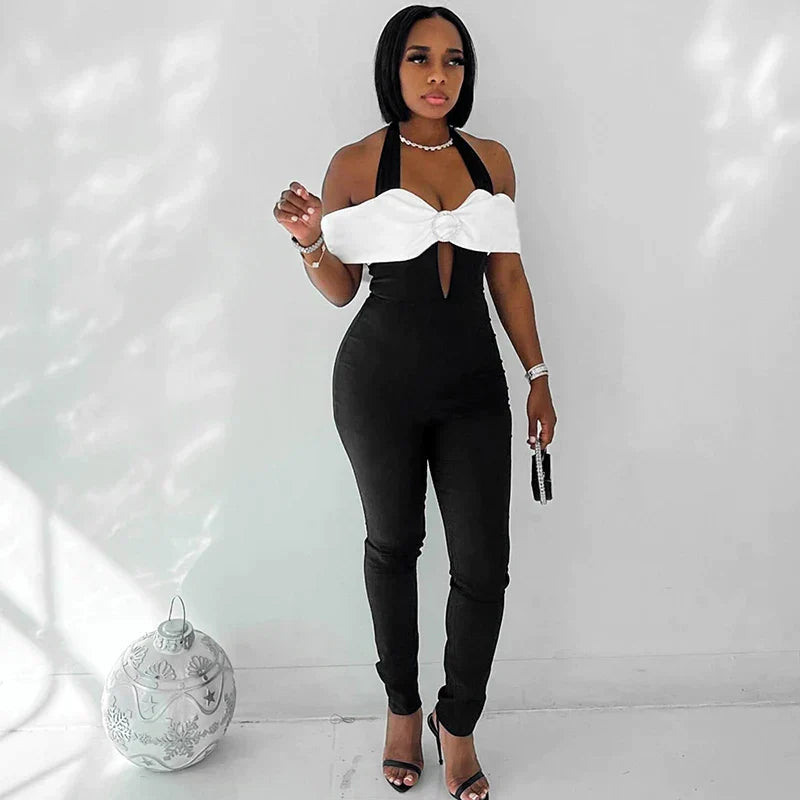 Zara - Monochrome jumpsuit with halterneck and bow accent