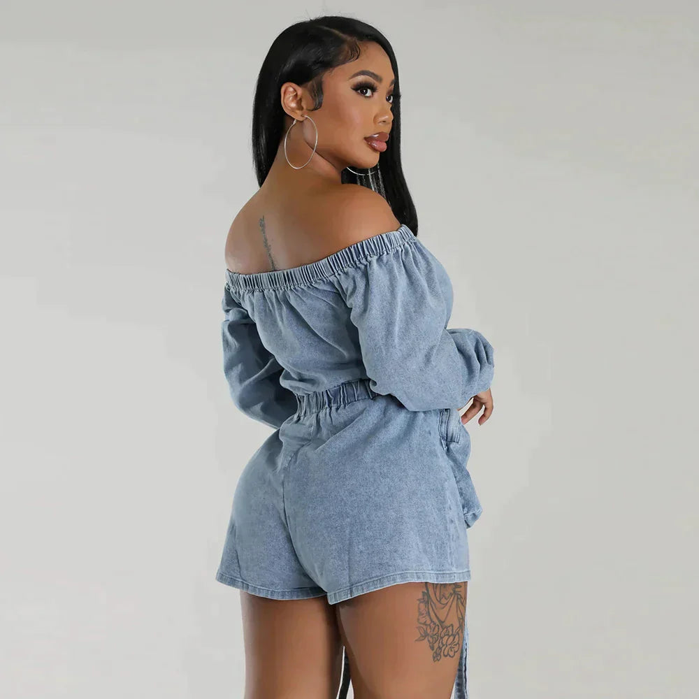 Carina - Off-the-shoulder denim playsuit with drawstring waist