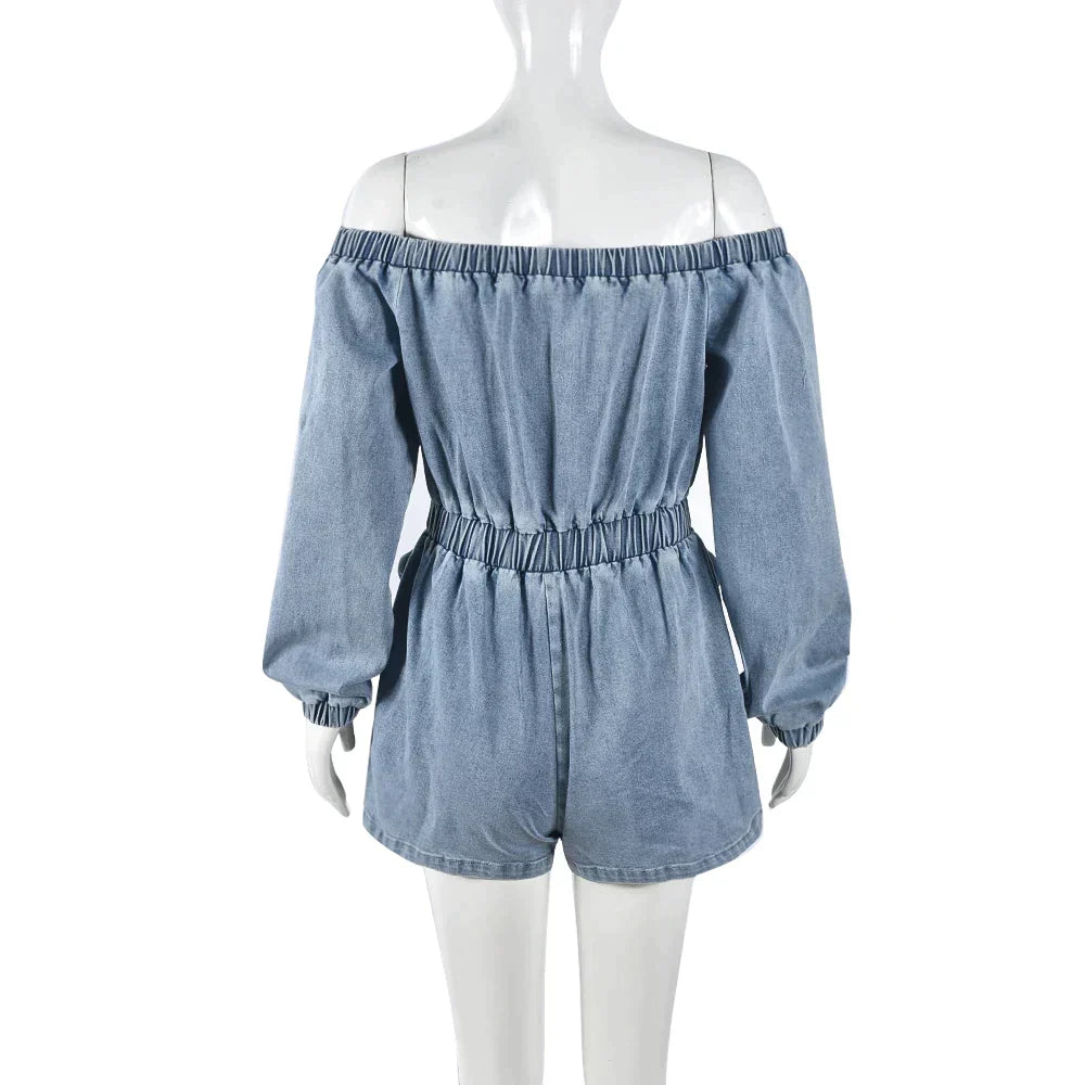 Carina - Off-the-shoulder denim playsuit with drawstring waist