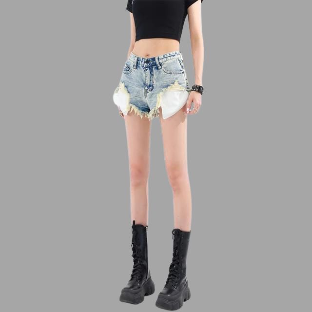 Luna - Distressed denim shorts with fringe detailing
