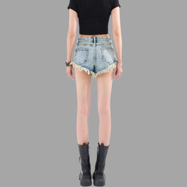 Luna - Distressed denim shorts with fringe detailing