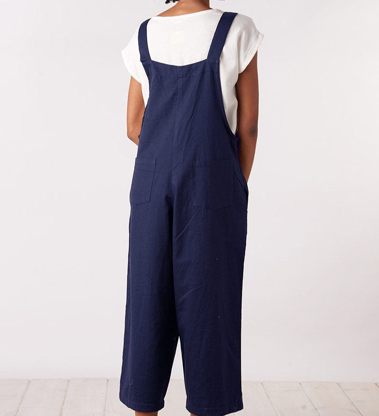 Literary cotton and linen strap casual jumpsuit