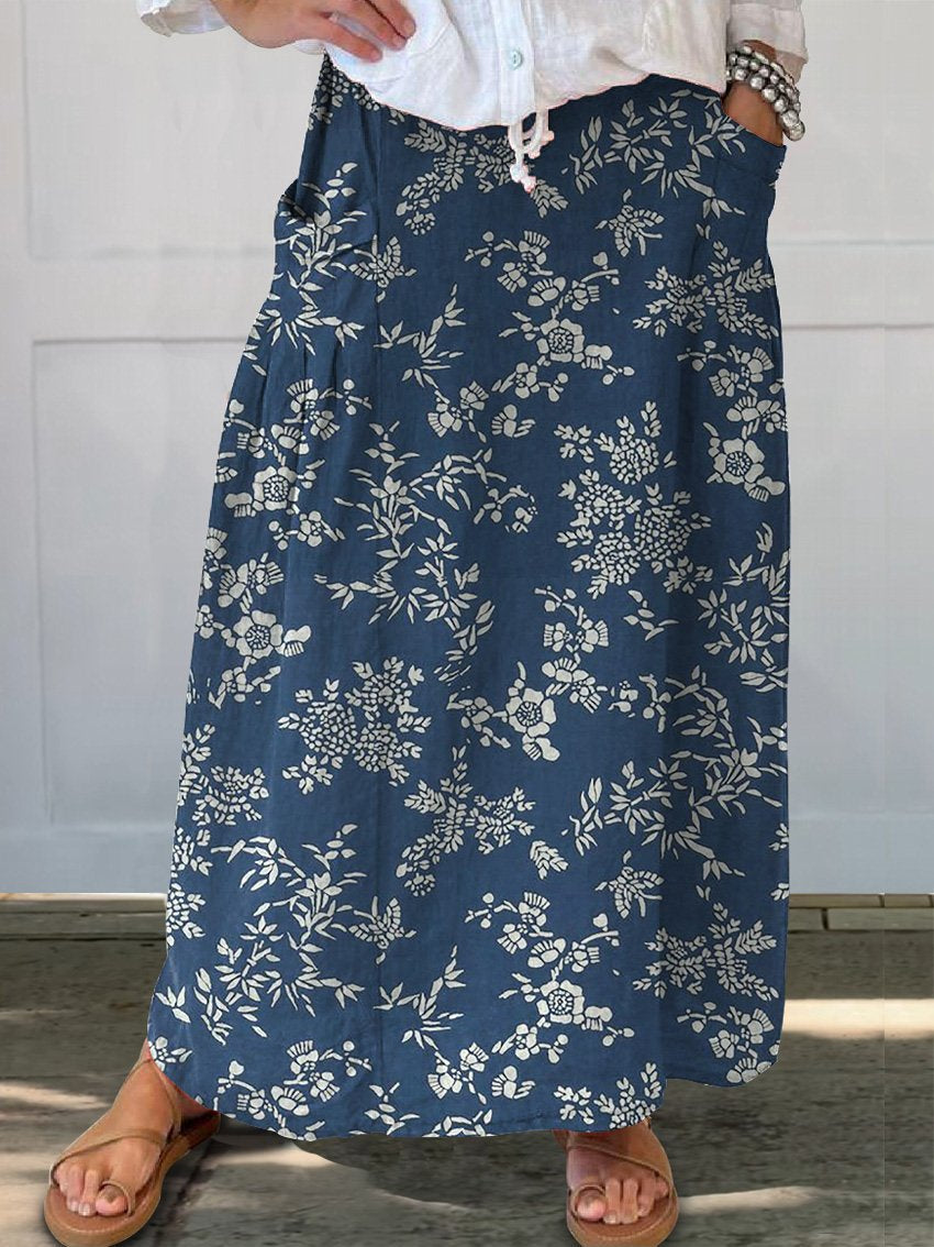 Batik Style Blue Floral Pattern Printed Women's Linen Pocket Skirt