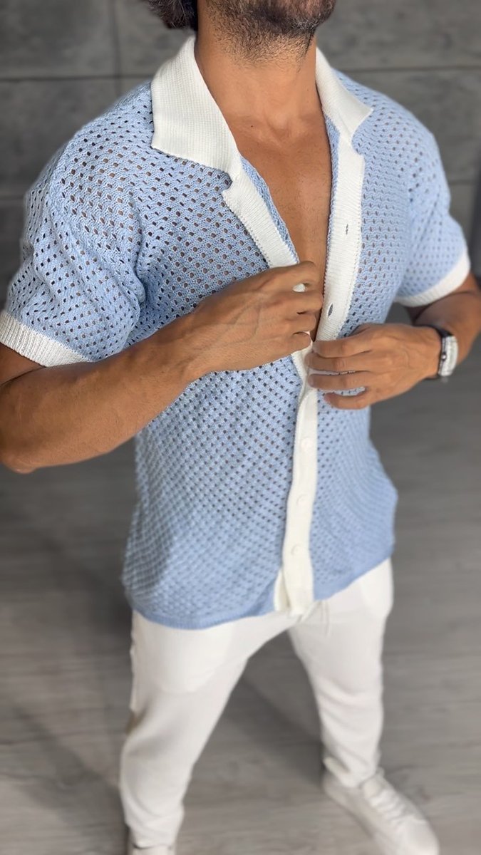 Men's Casual Hollow Contrast Lapel Knitted Polo Shirt
