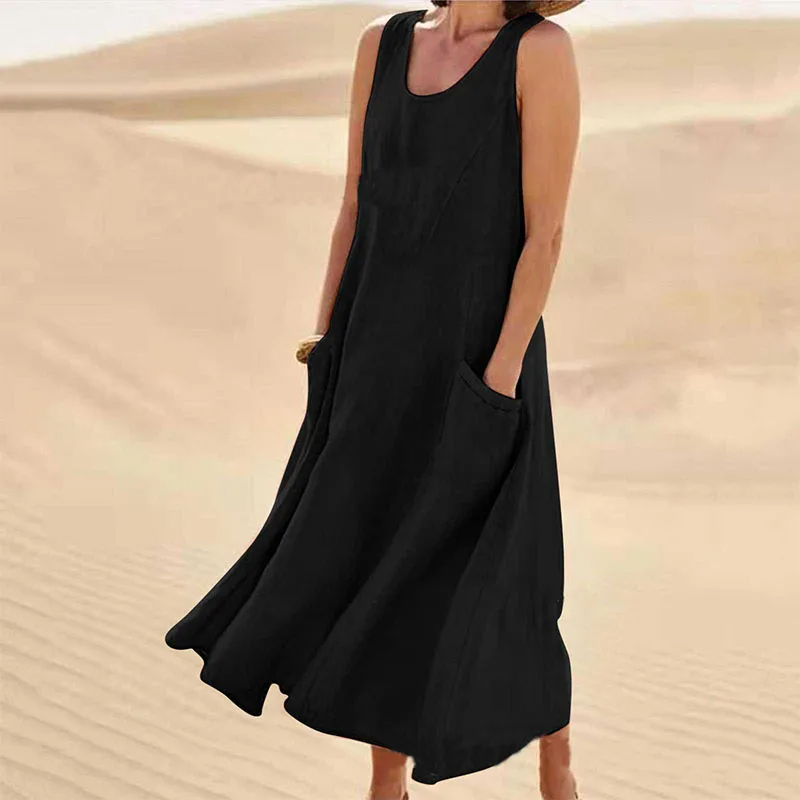 Isabel | Women's sleeveless cotton and linen dress with pocket