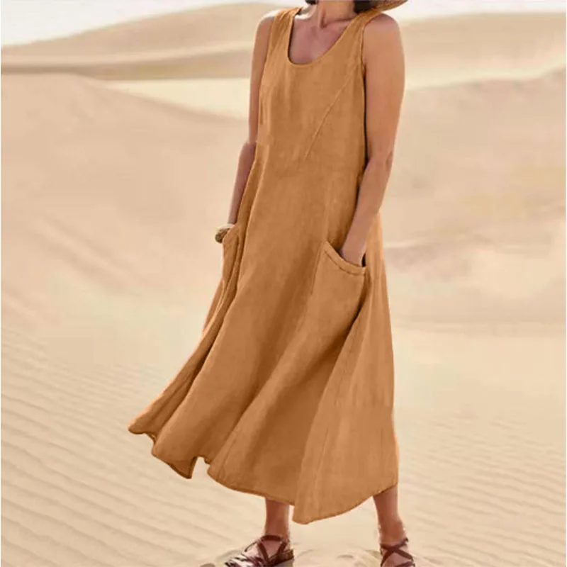 Isabel | Women's sleeveless cotton and linen dress with pocket