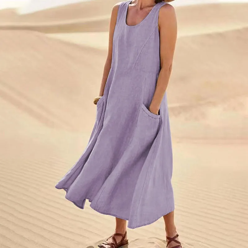 Isabel | Women's sleeveless cotton and linen dress with pocket