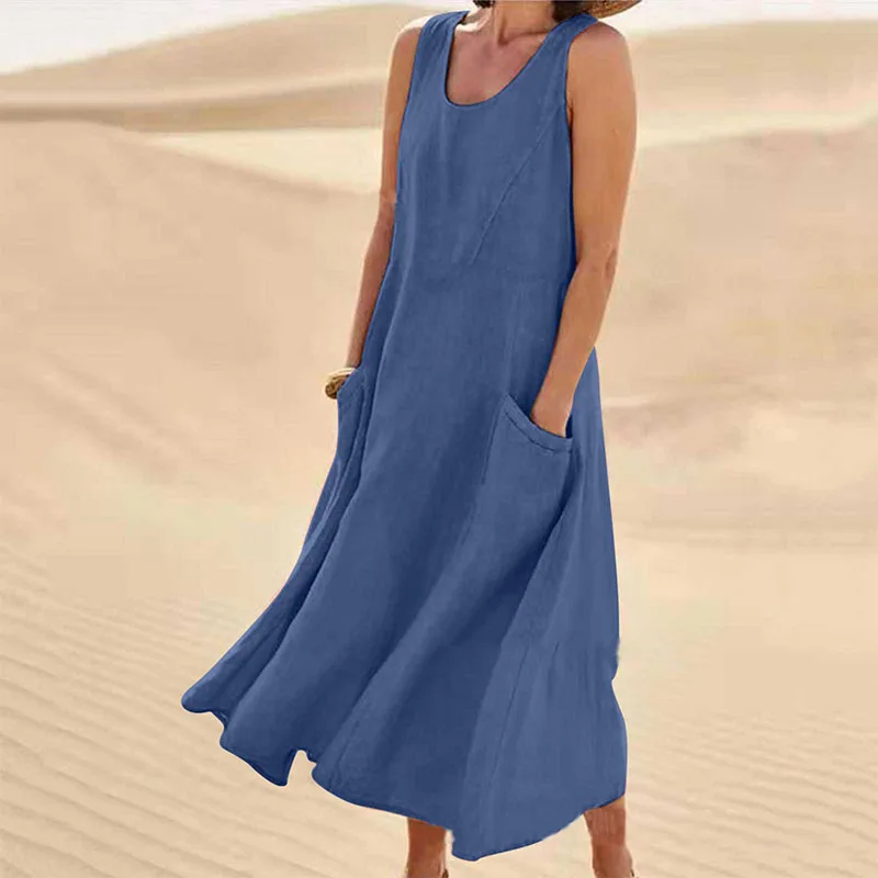Isabel | Women's sleeveless cotton and linen dress with pocket
