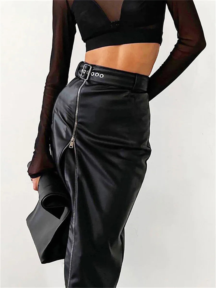 Elegant PU leather pencil skirt with high waist and zip fastening