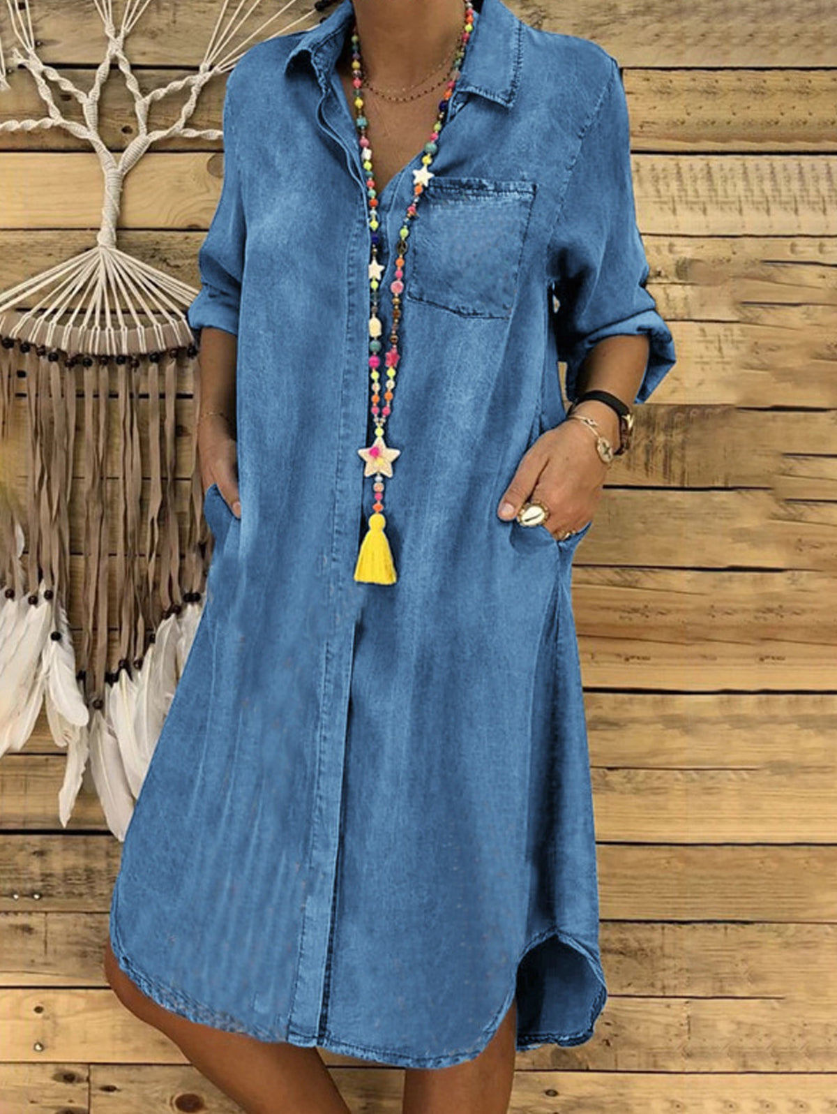 Casual Denim Solid Turndown Collar Singe Breasted Pockets Midi Dress