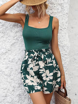 Casual Plain Tank Top and Short With Floral Pattern