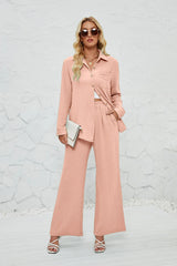 Long sleeve button blouse and wide trousers set for women