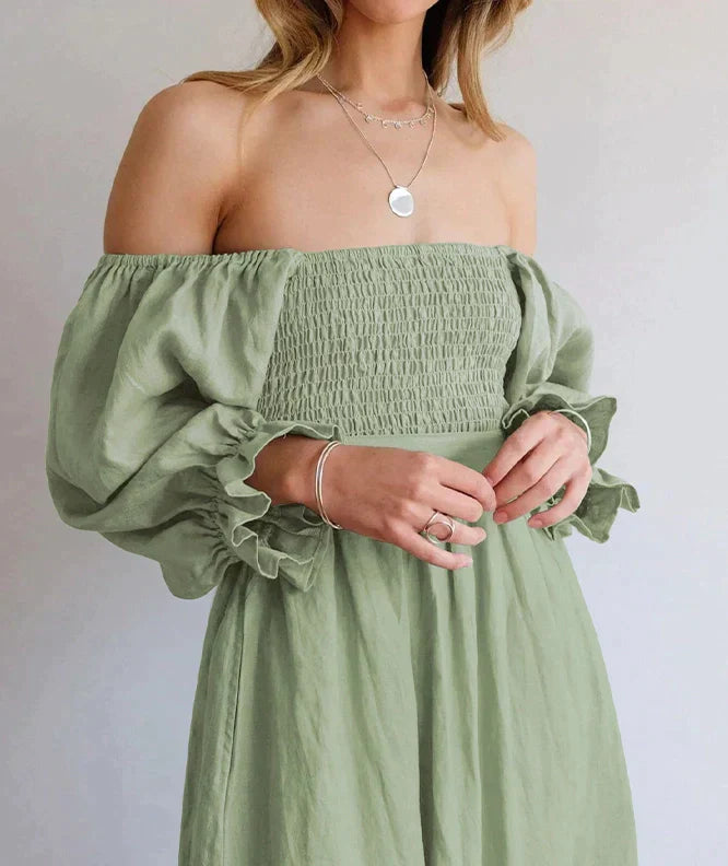 French Ruffled Lantern Sleeves Multi-wear Dress Green