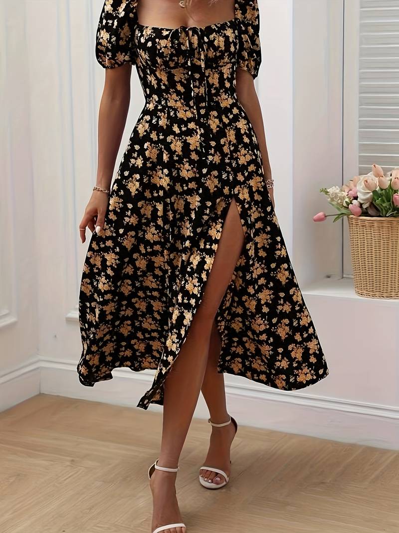 Katara - floral puff sleeves with slit dress