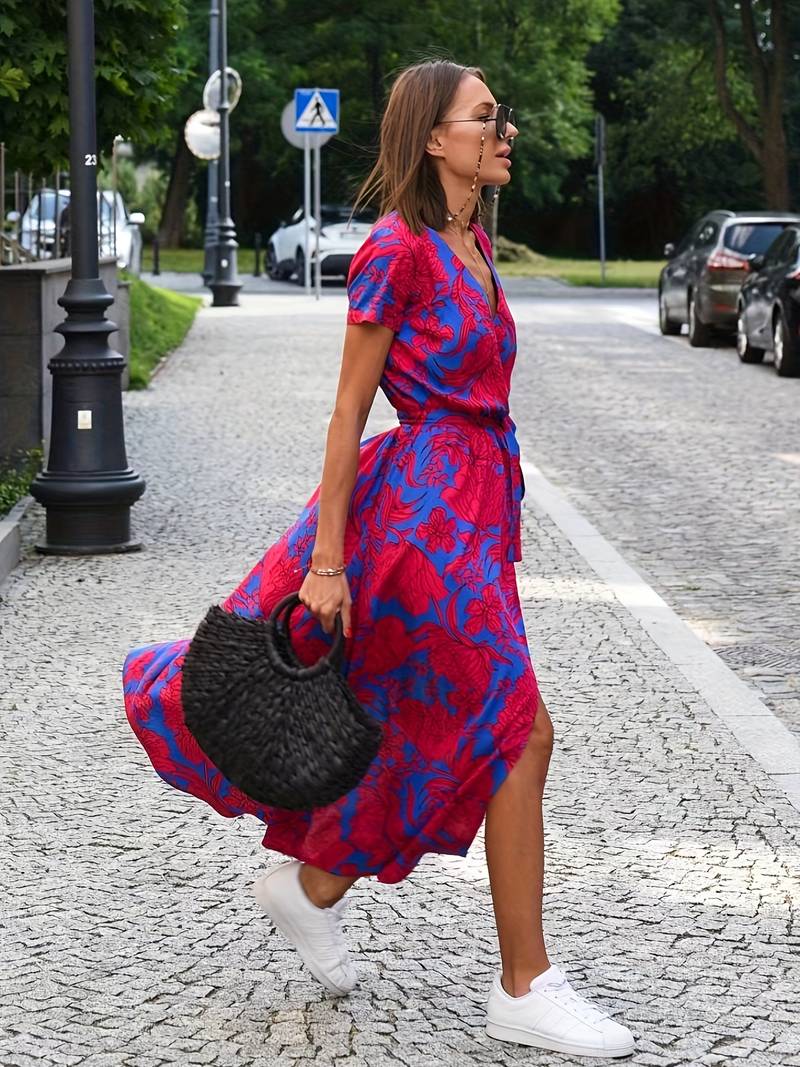 Dazzle - Floral split dress with waist bow