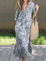 Fresh and Elegant Blue Floral Print Women's V-Neck Linen Pocket Dress