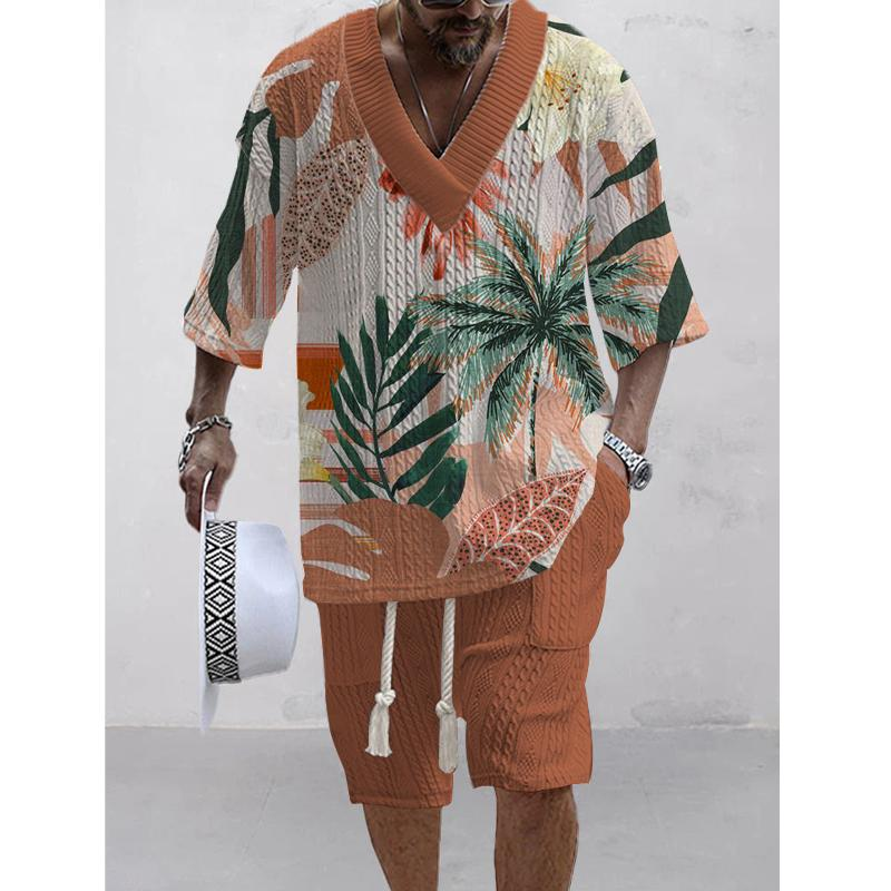 Men's Printed Short Sleeve Shorts Textured Set 74446745L