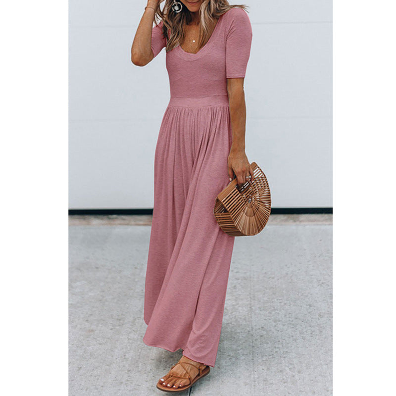 Casual Crew Neck Short Sleeve Jumpsuit