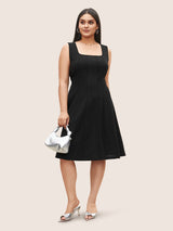 Plain Square Neck Tucked Seam Sleeveless Dress