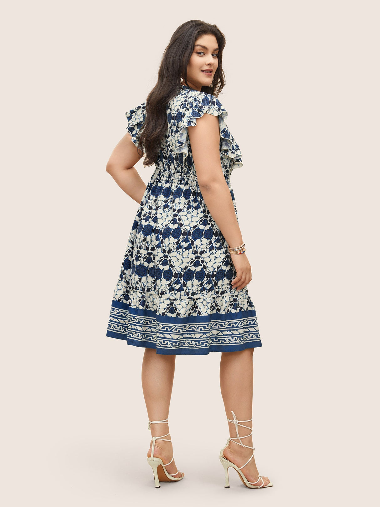 Boho Print Ruffles Shirred Pocket Elastic Waist Dress